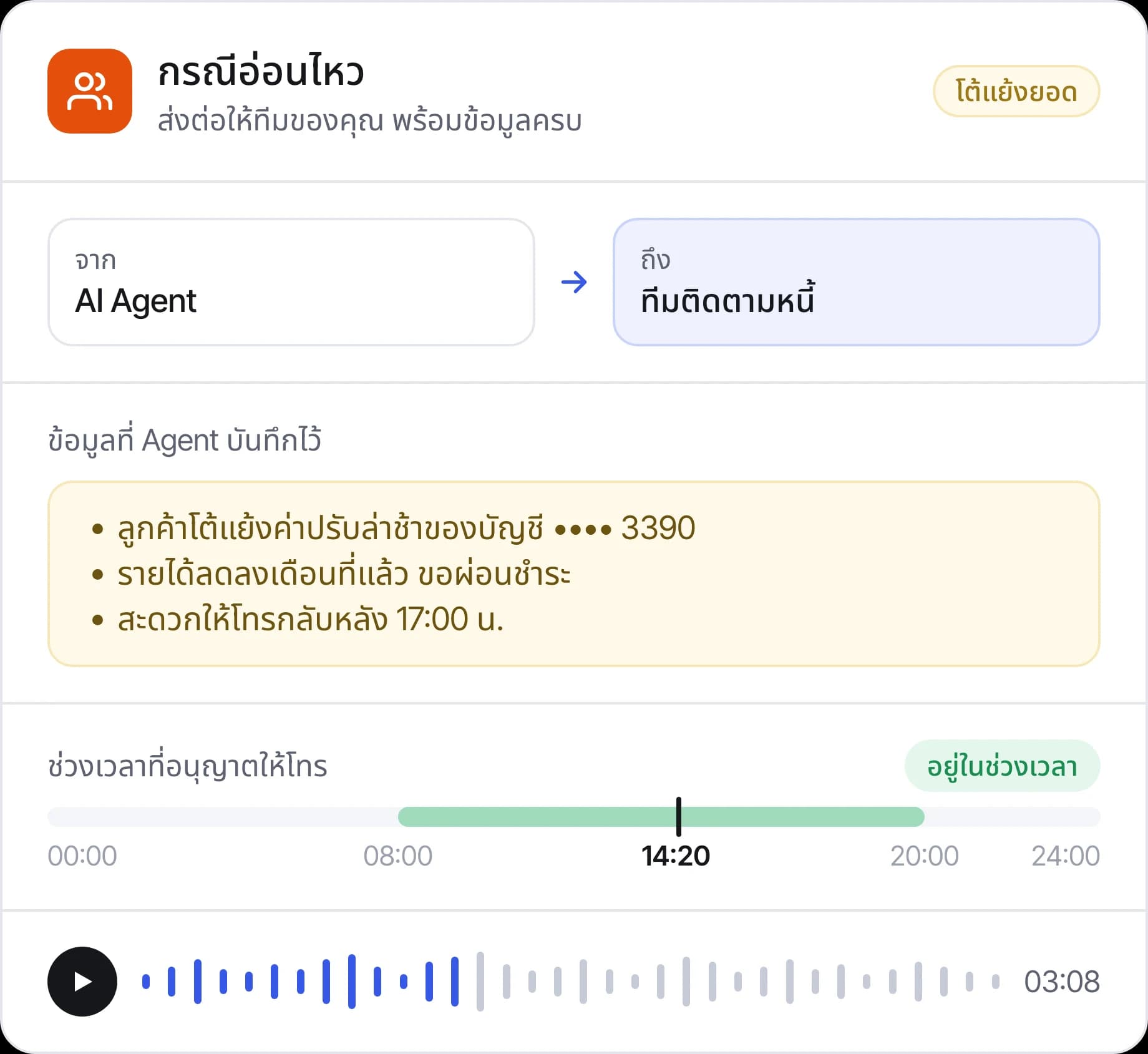 บัญชีที่โต้แย้งยอดซึ่ง Agent ส่งต่อให้ทีมติดตามหนี้ พร้อมข้อมูลที่บันทึกไว้ ช่วงเวลาที่อนุญาตให้โทร และไฟล์บันทึกเสียง