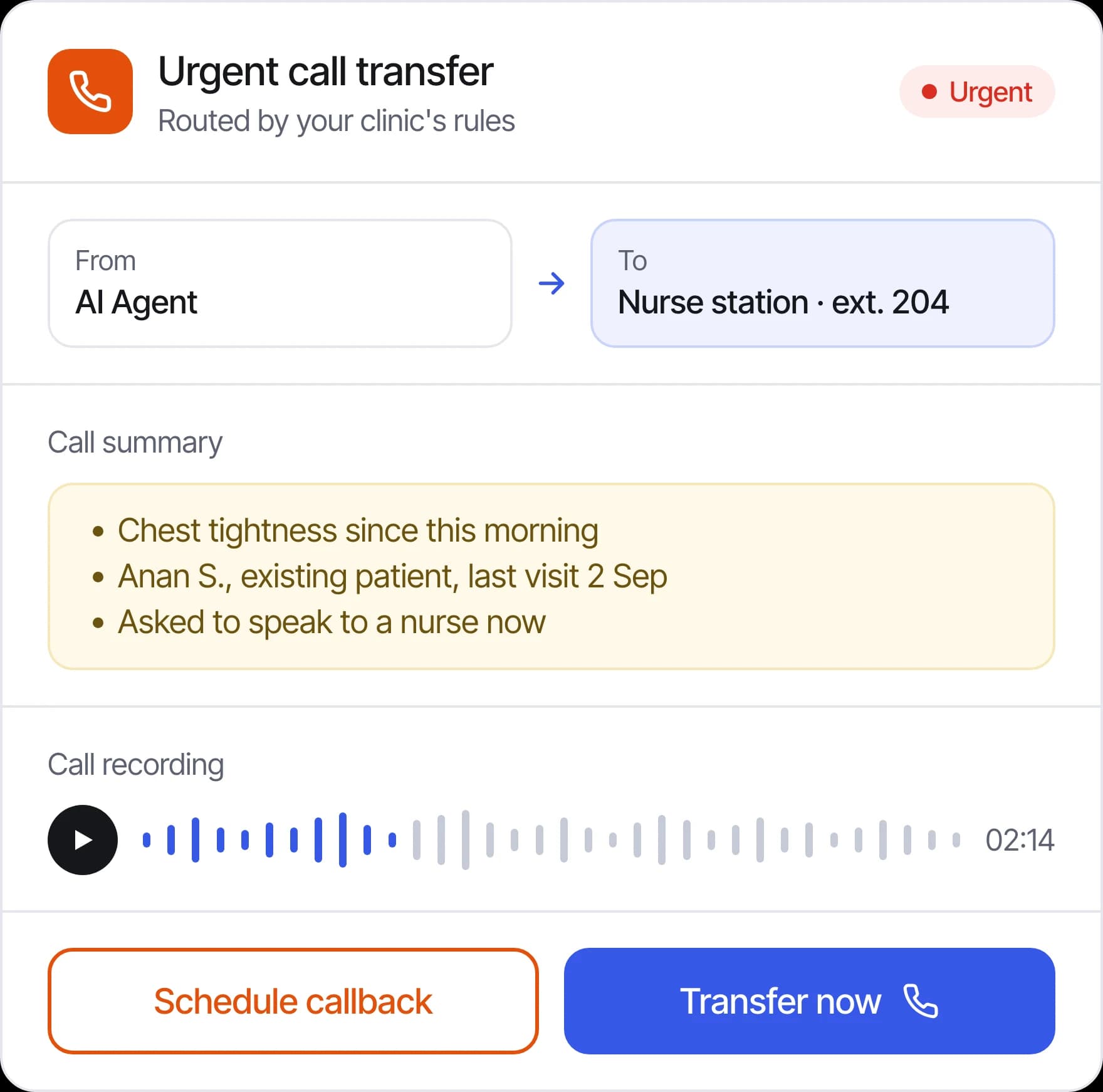 Urgent call being transferred from the agent to the nurse station, with a call summary and recording