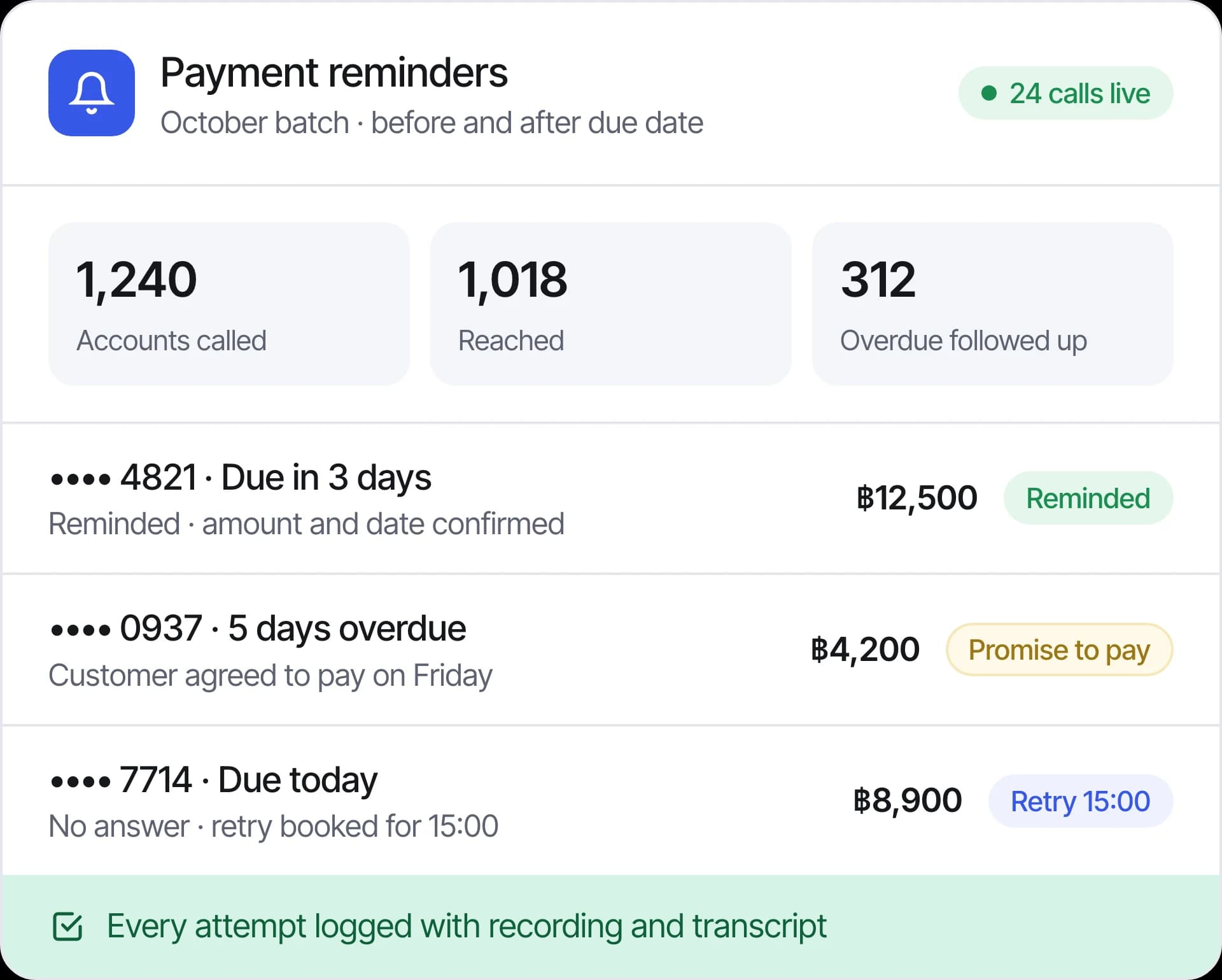 Payment reminder batch with accounts called, reached and followed up, and the status of each account