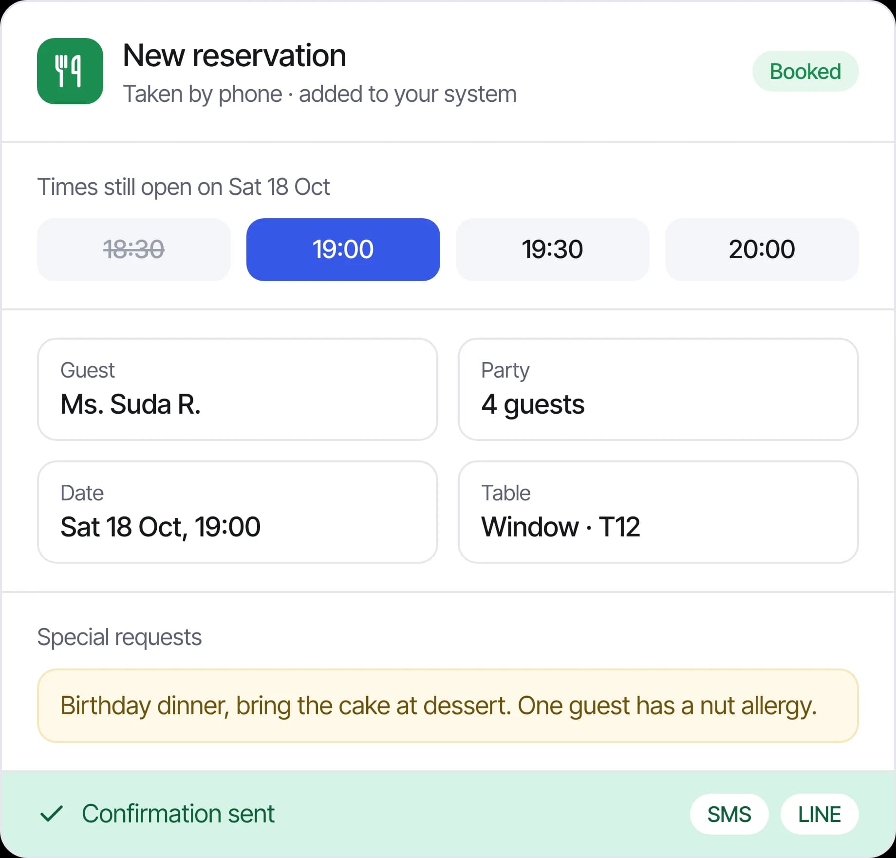New table reservation taken by phone, with open times, guest details, special requests and a confirmation sent